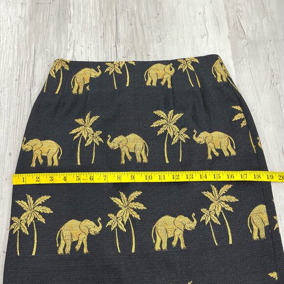 Vintage Steven Stolman Black Navy Gold Elephant Palm Tree Straight Pencil Skirt - Picture 9 of 12